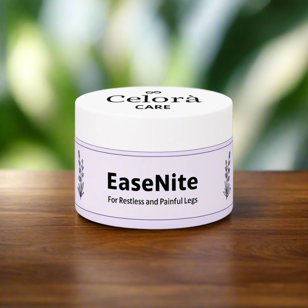 Jar of Celora Care EaseNite on a black background