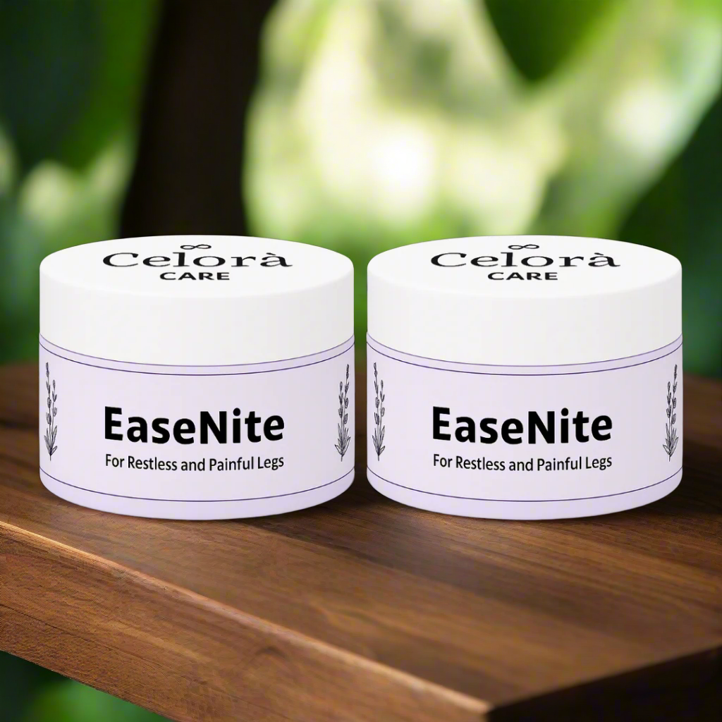Two jars of Celora EaseNite on a black background